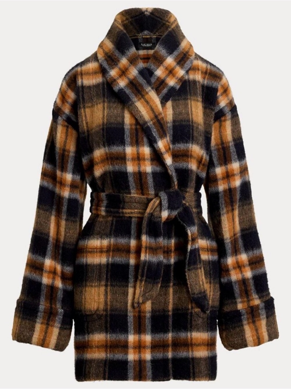 Ralph Lauren Plaid Wool Shawl-Collar Wrap Coat